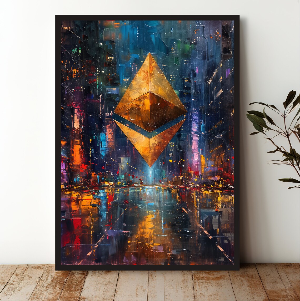 Golden Ethereum Crypto Logo Futuristic Rainy Cityscape Art Print