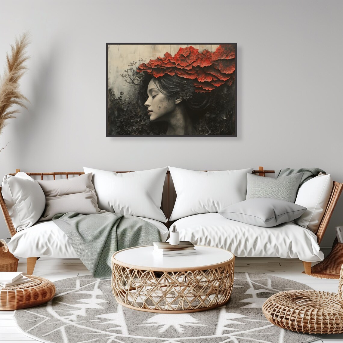 Surreal Woman with Red Textured Blossoms Dark Nature Art Print - Image 2