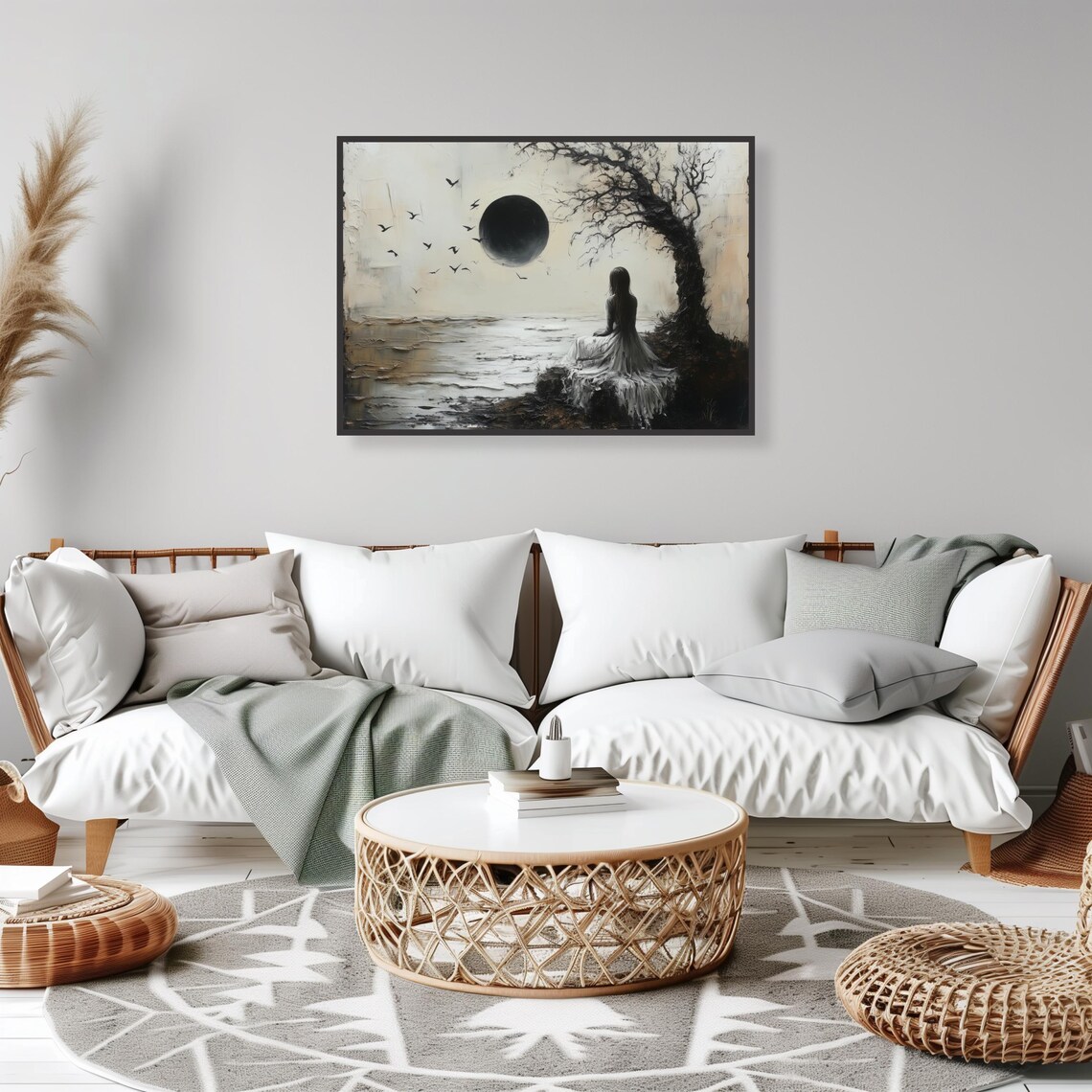 Mystical Woman Black Moon Seaside Surreal Scene Design Art Print - Image 2