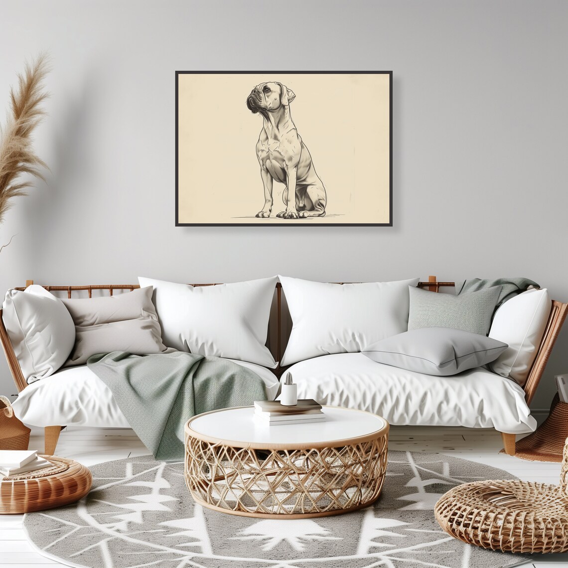 Boxer Dog Line Sketch Sitting Elegant Pet Portrait Art Poster - Image 2