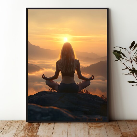 Woman Meditating On Mountain Top At Golden Sunrise Mindfulness Art Poster