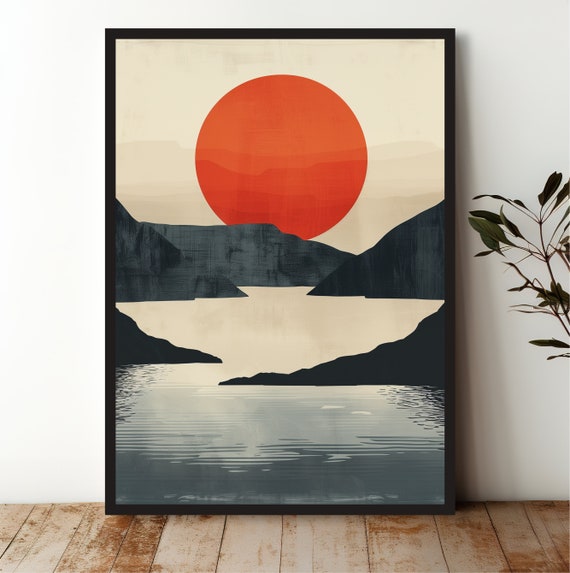 Minimalist Sunset Wall Art Bold Red Sun Mountain Silhouettes Decor For Contemporary Home Aesthetics