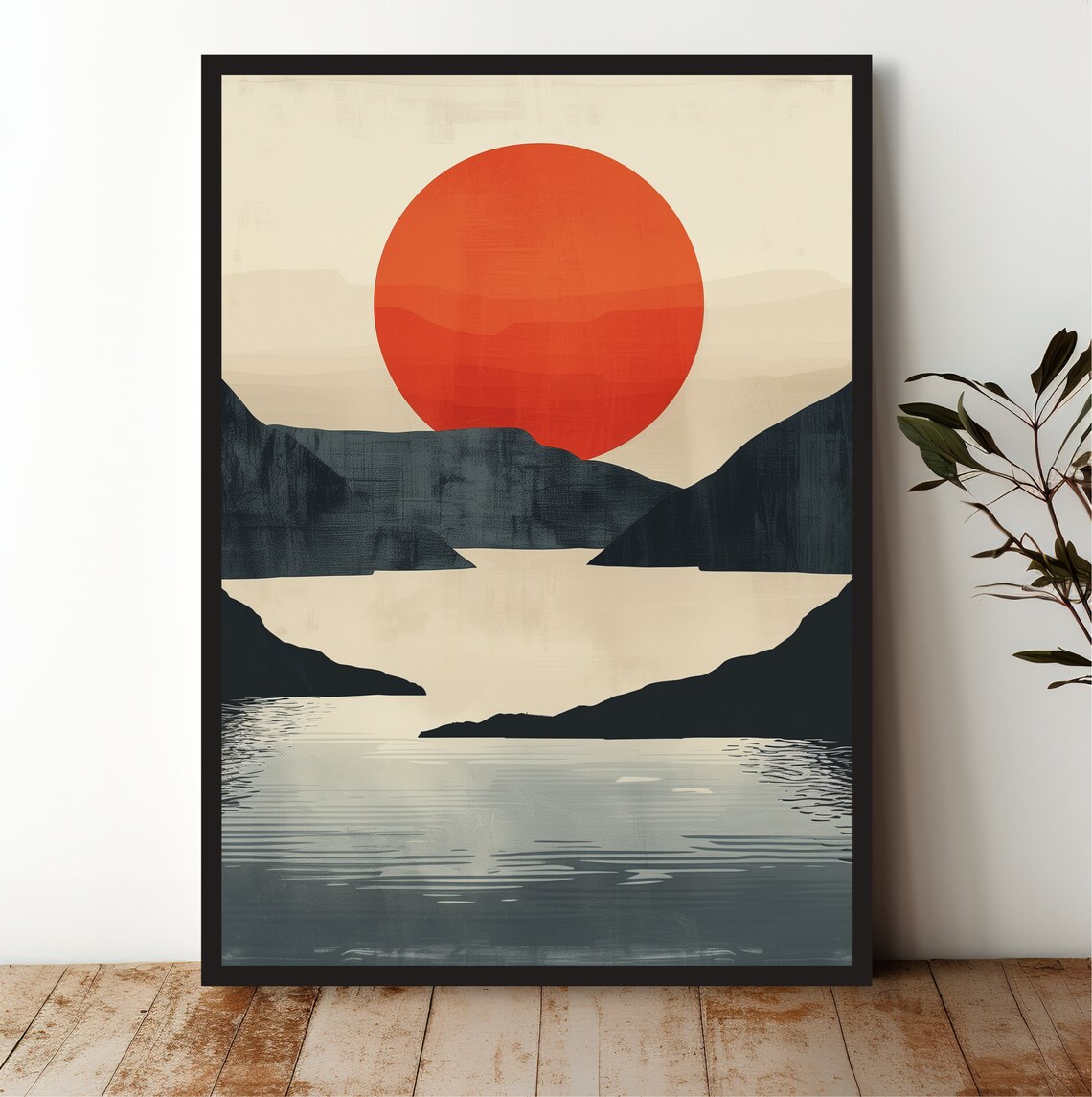 Bold Red Sun Mountain Lake Silhouette Retro Minimalist Wall Art