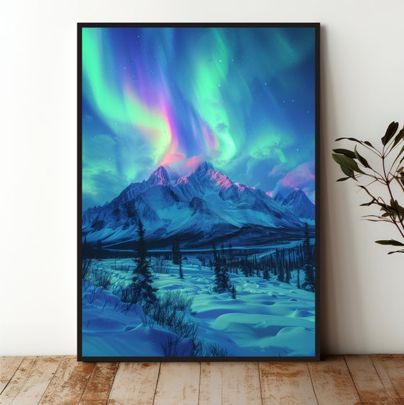 Aurora Borealis Mountain Wall Art Vibrant Northern Lights Over Snowy Peaks Home Decor Nature Print Wall Decor Landscape Art
