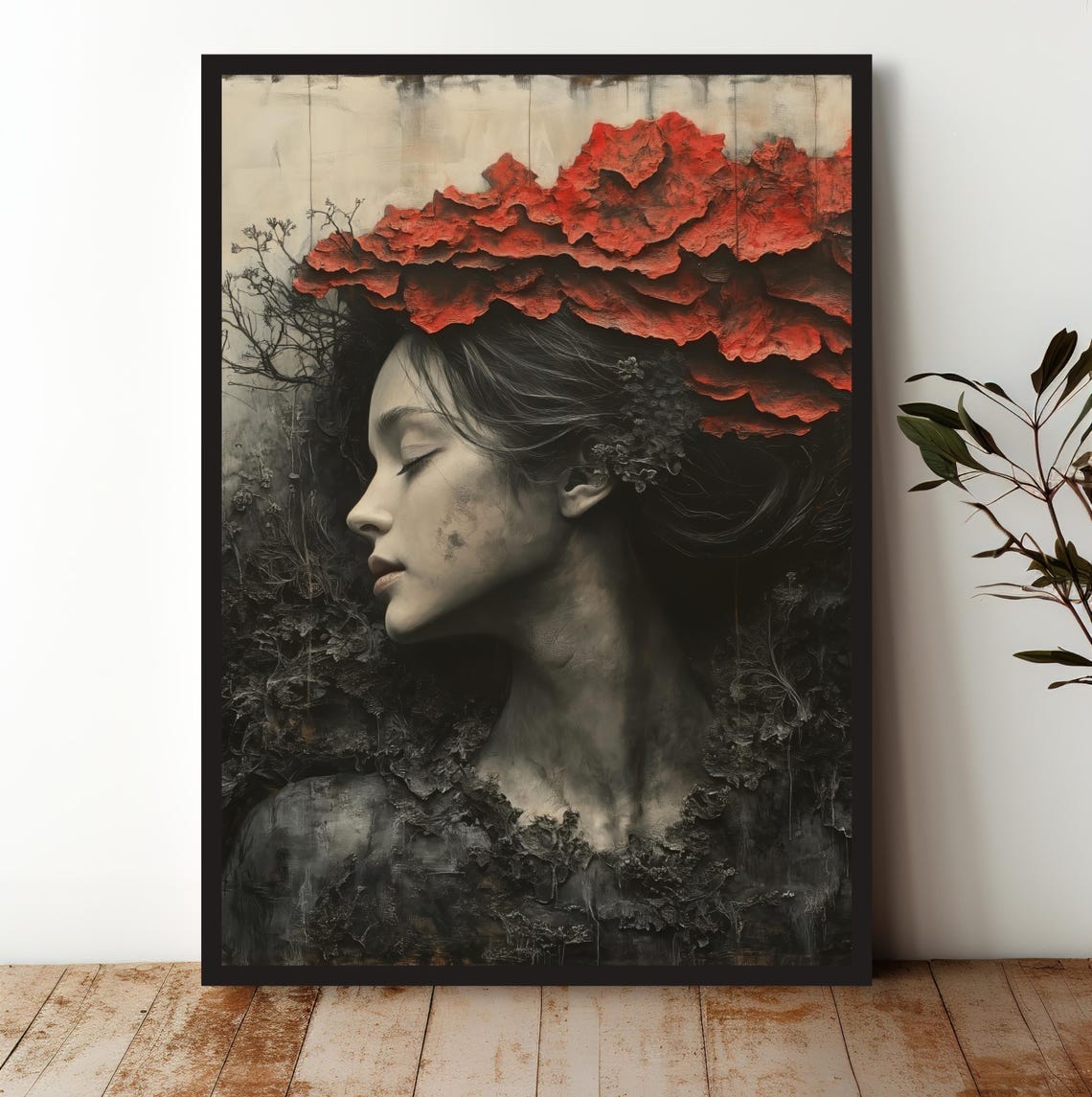 Surreal Woman with Red Textured Blossoms Dark Nature Art Print