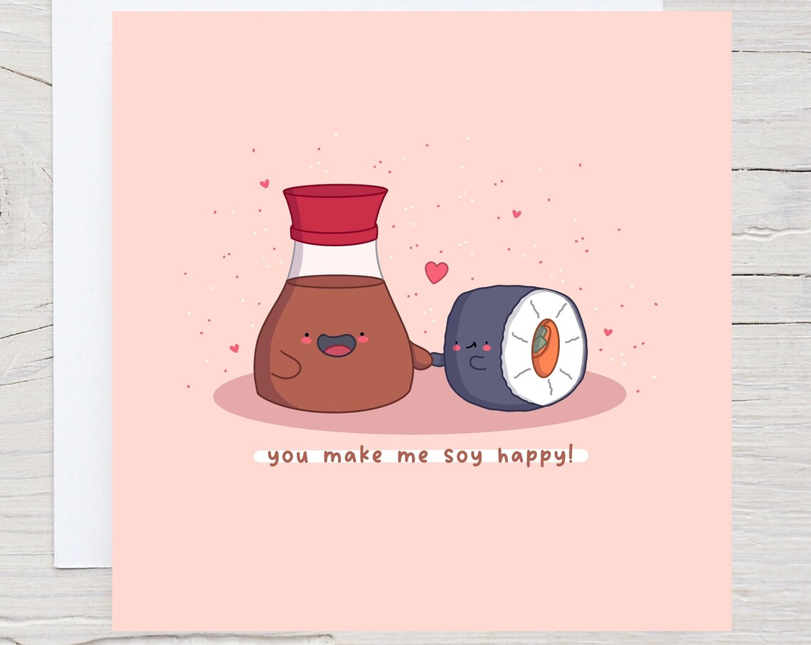 You Make Me Soy Happy Kawaii Sushi Couple Pun Love Card Poster