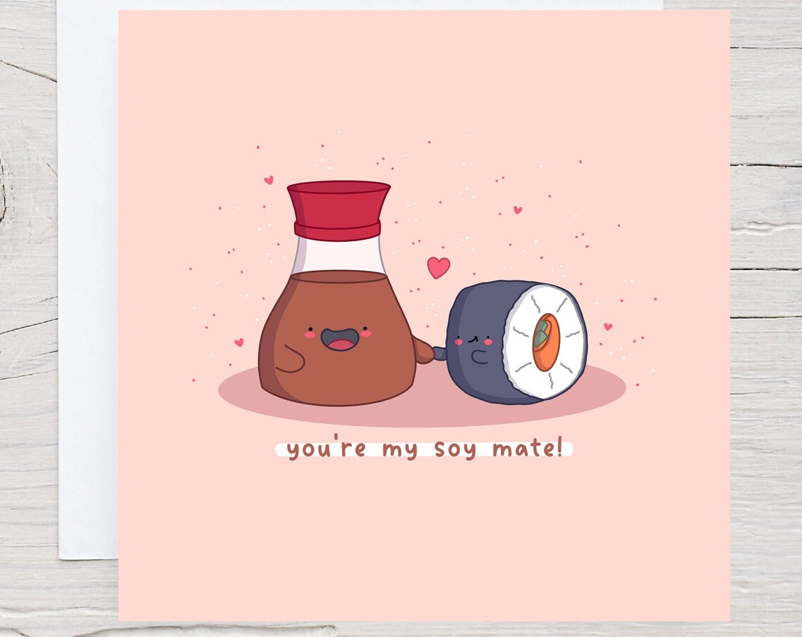 Soy Sauce and Sushi Roll Soy Mate Love Card Cute Kawaii Print
