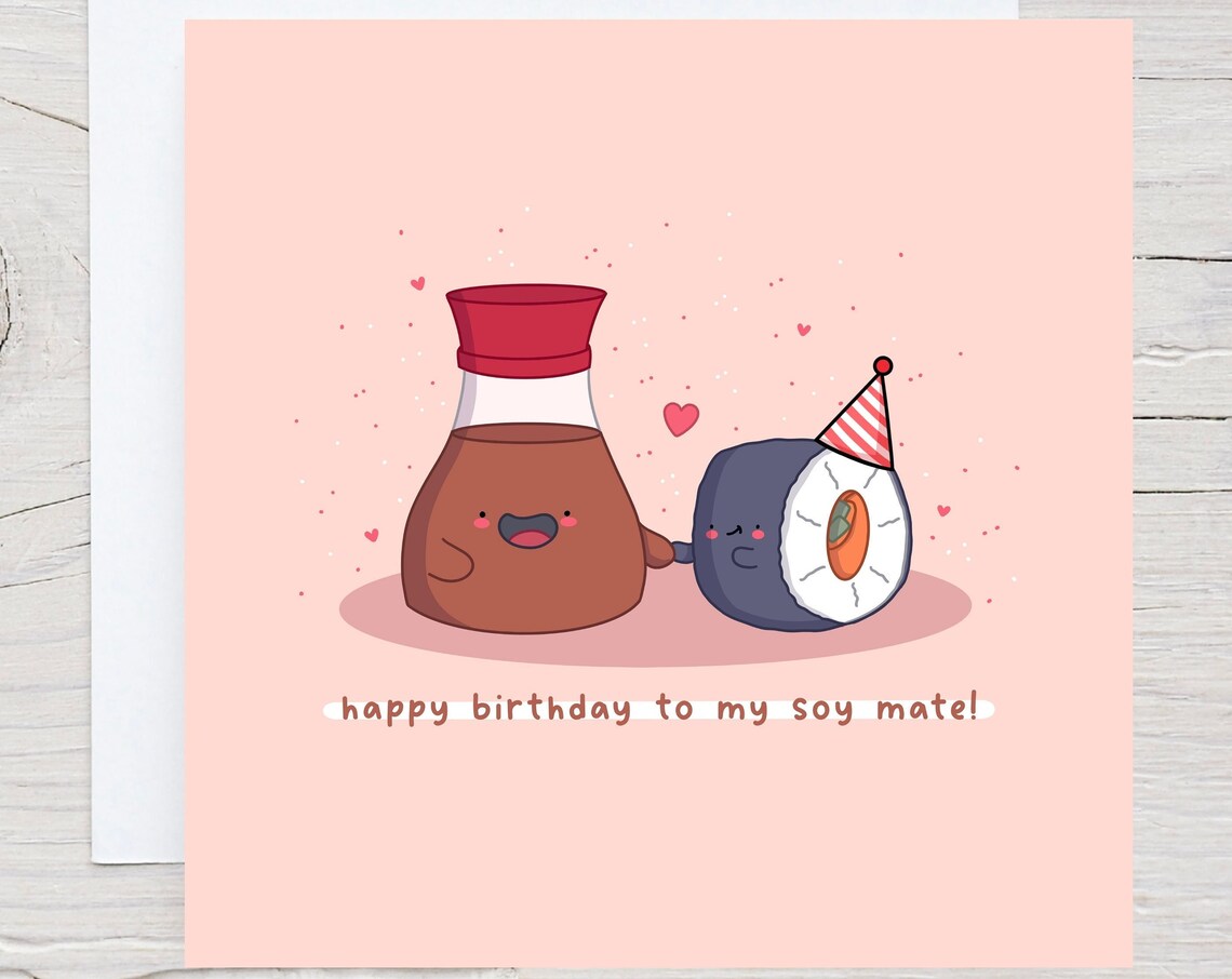 Soy Sauce and Sushi Roll Soy Mate Birthday Card Kawaii Print