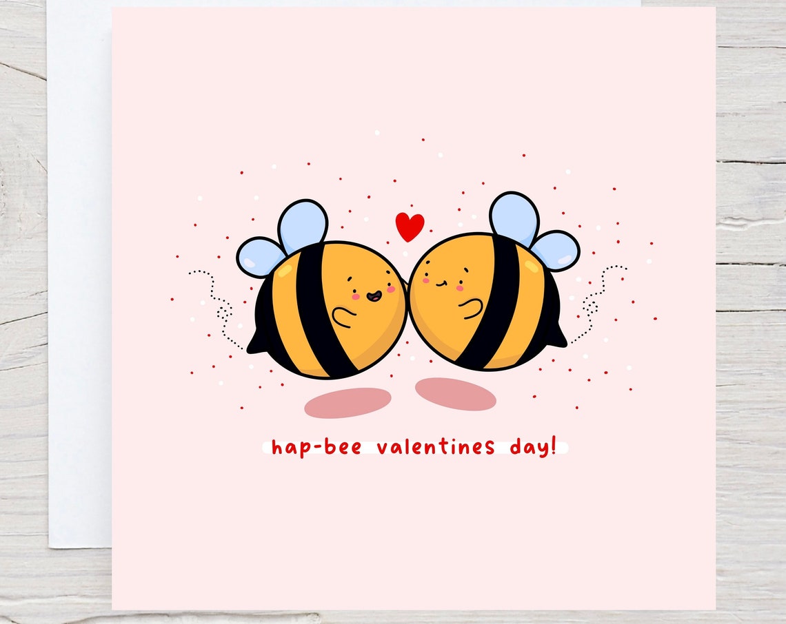 Kissing Bumble Bee Couple Hap-Bee Valentines Day Card Cute Print