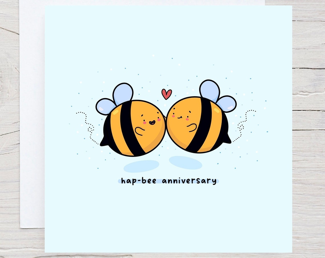 Kissing Bumble Bee Couple Hap-Bee Anniversary Card Kawaii Print