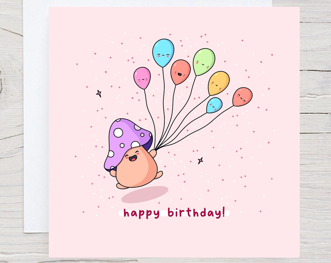 Kawaii Mushroom Holding Balloons Happy Birthday Pink Art Print