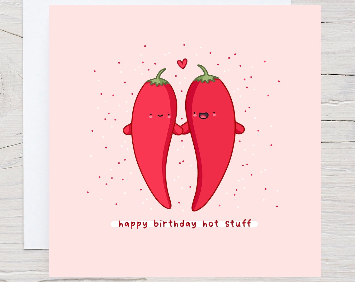 Happy Birthday Hot Stuff Two Cute Red Chili Pun Card Art Poster