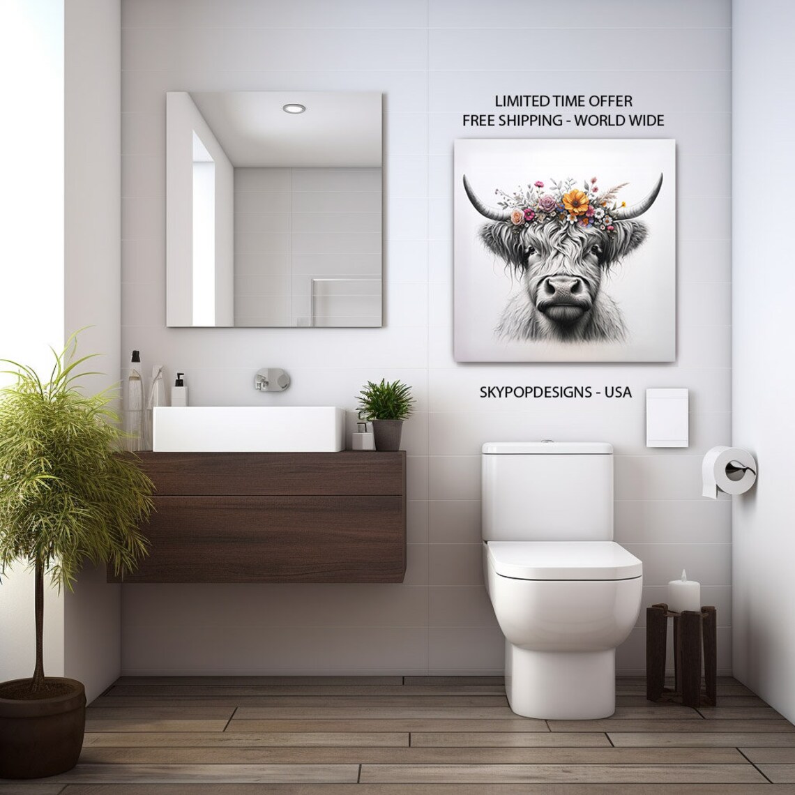 Highland Cow Floral Bathroom Wall Art Decor Poster - Image 2