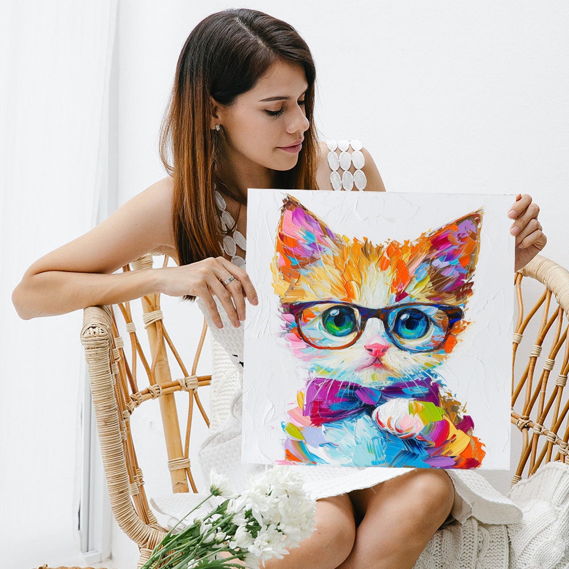Colorful Hipster Kitten With Glasses Bow Tie Fun Wall Art Poster - Image 3