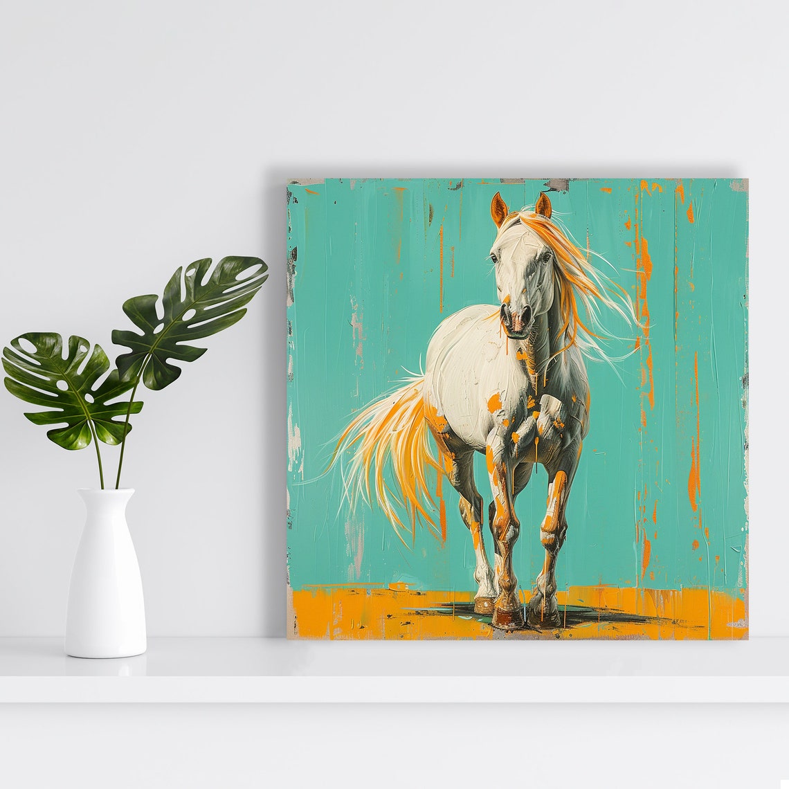 White Horse Splash Poster Turquoise Orange Contemporary Equine Decor - Image 2