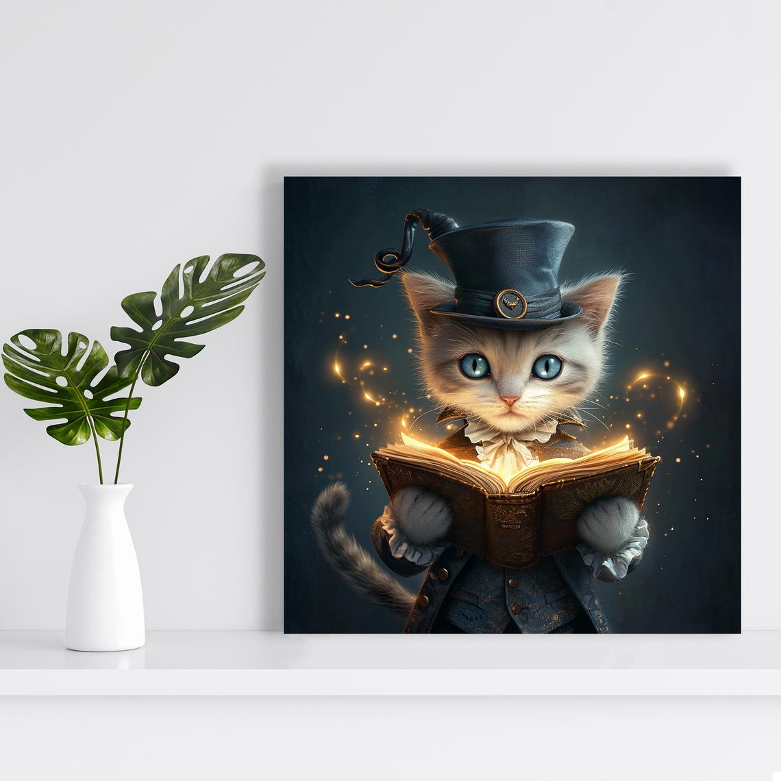 Magical Kitten Reading Glowing Book Fantasy Wizard Cat Wall Art Poster - Image 2