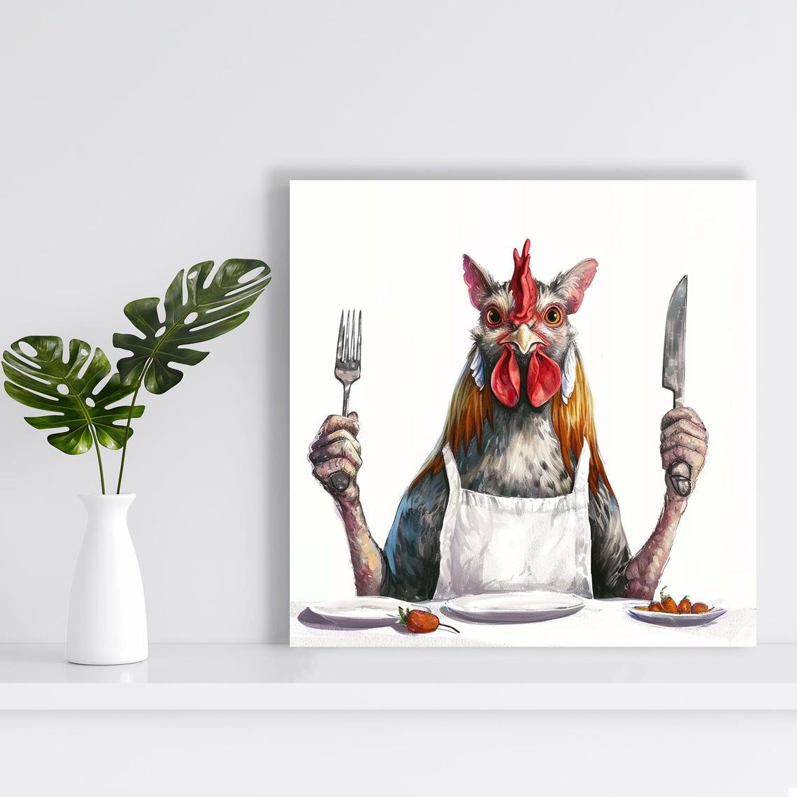 Funny Rooster Chef Holding Fork And Knife Kitchen Humor Wall Poster - Image 2