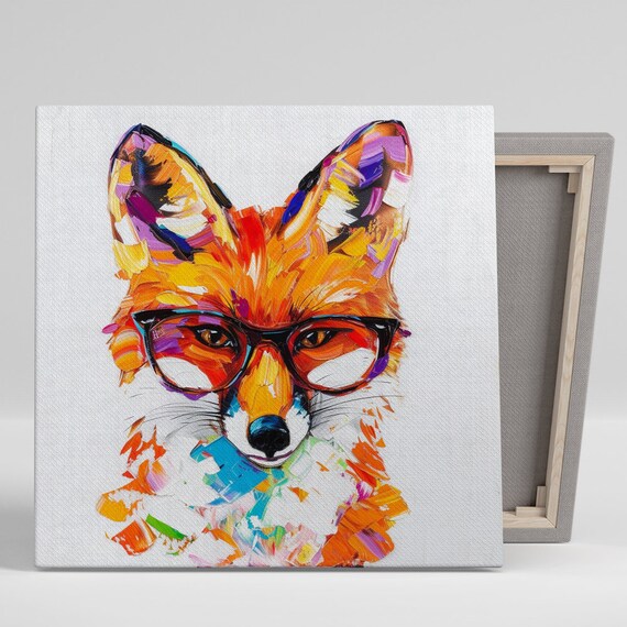 Clever Fox Wearing Black Glasses Colorful Abstract Oil Paint Style Portrait Poster