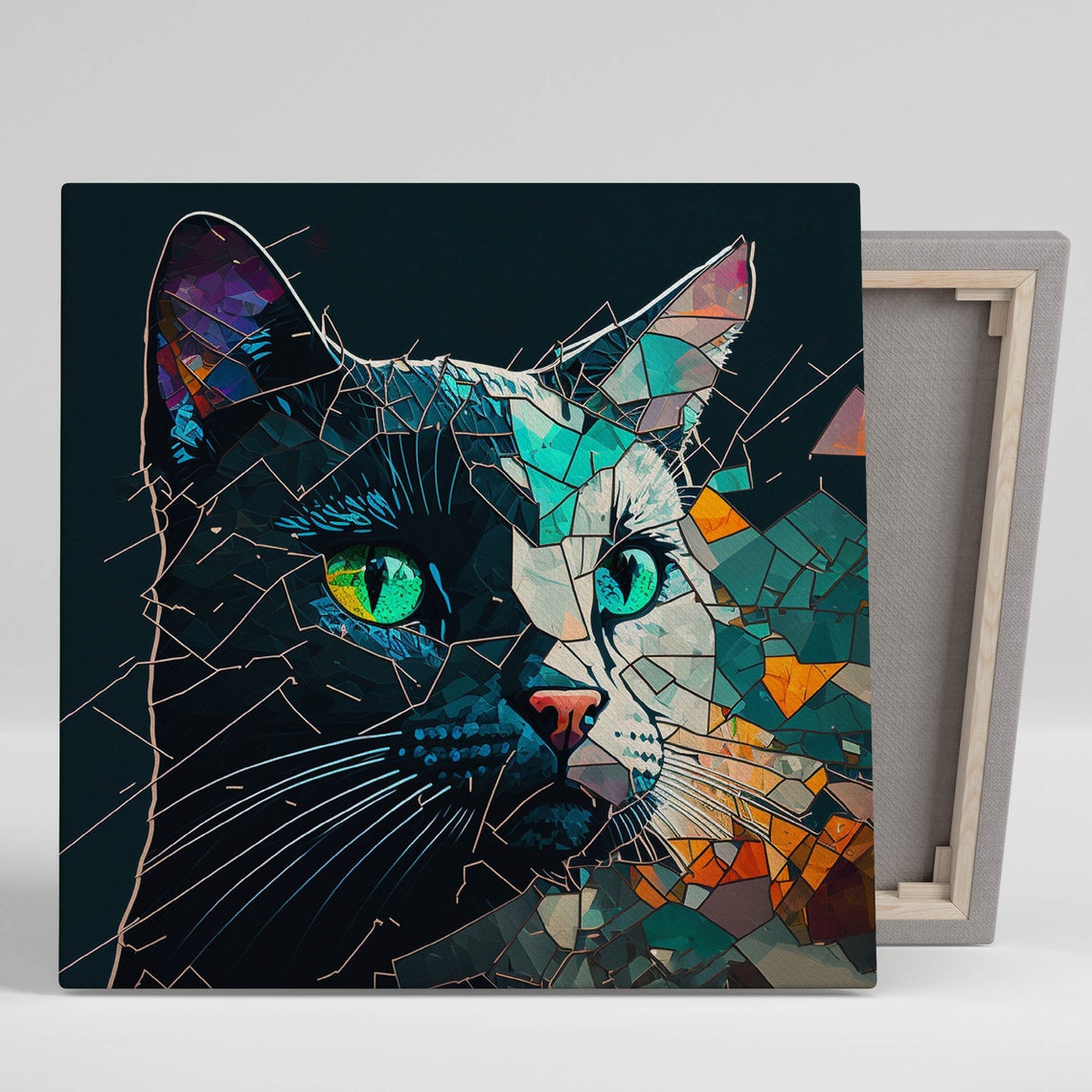 Geometric Mosaic Cat Face Dark Background Modern Abstract Art Poster