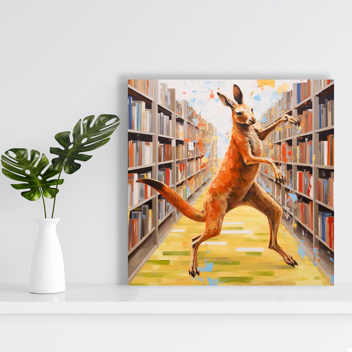 Dancing Kangaroo Library Aisle Playful Orange Bookstore Wall Art Poster - Image 2