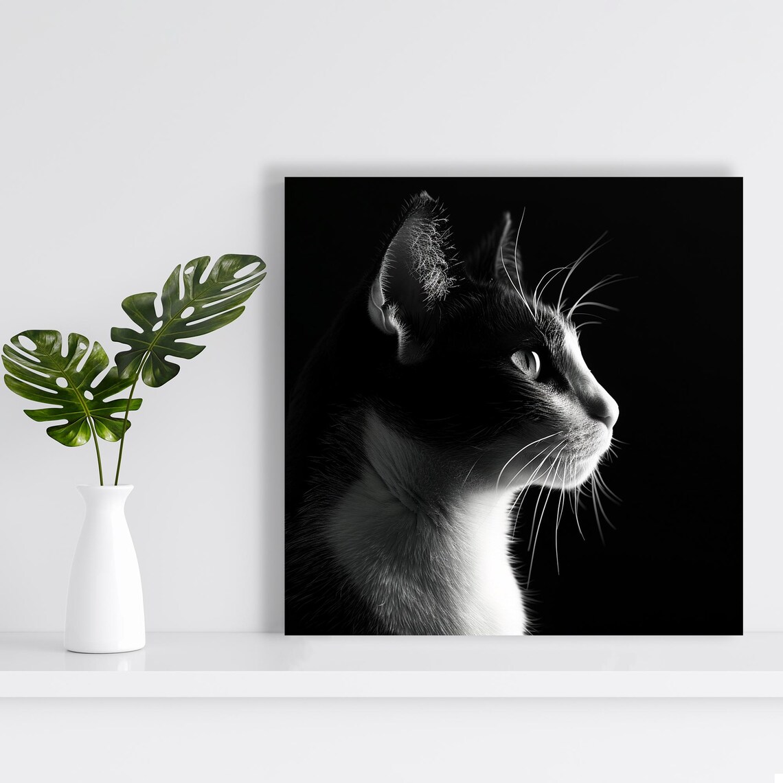 Black and White Cat Profile Dramatic Light Fine Art Portrait Wall Art Poster - Image 2