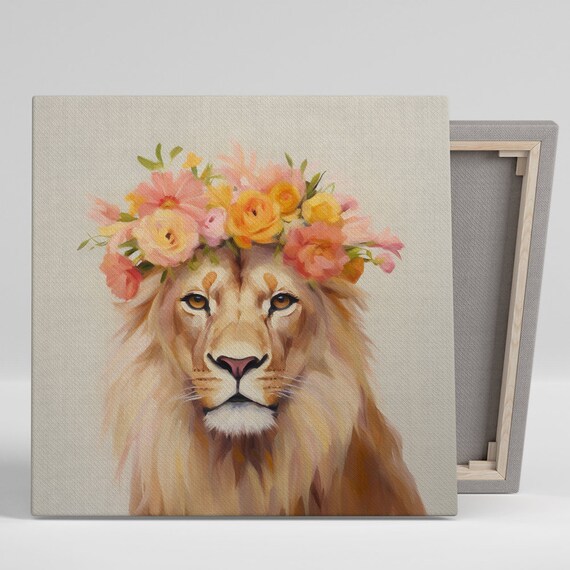 Floral Crown Lion Majesty, Bohemian Art Print