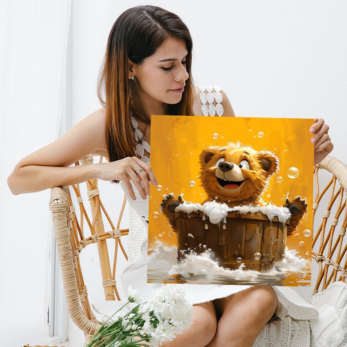 Giggling Bear Cub Barrel Bath Bubbles Happy Cartoon Wall Poster - Image 3