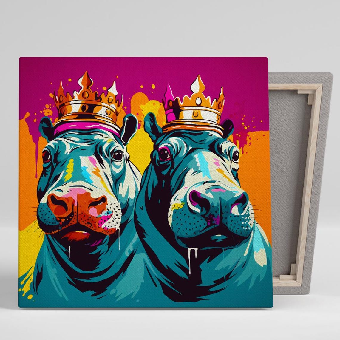 Two Crowned Hippos Pop Art Royal Gold Crowns Bold Colorful Wall Poster