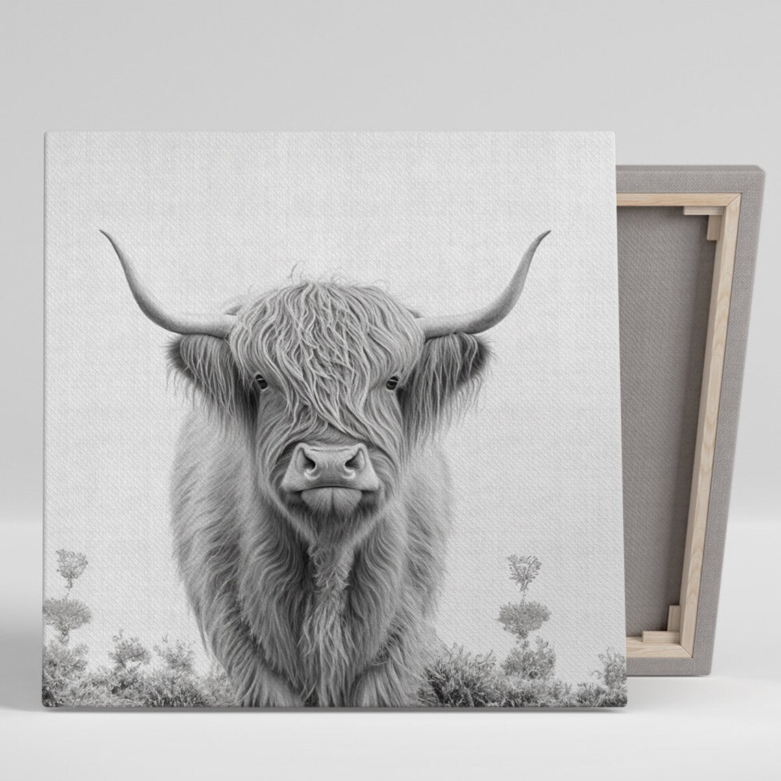 Highland Cow Black White Rustic Farmhouse Shaggy Portrait Wall Art