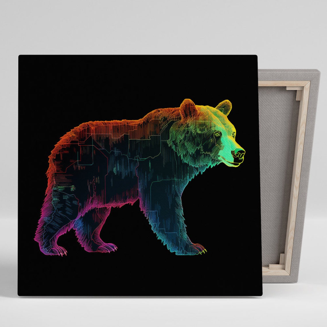 Neon Bear Line Art Black Background Modern Multicolor Wall Poster