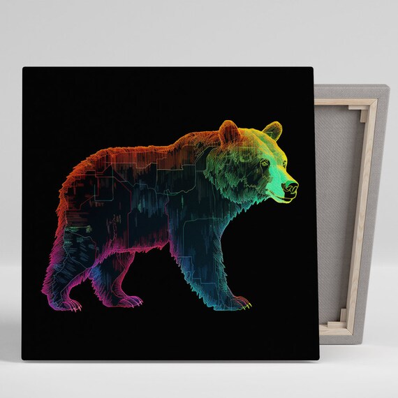 Neon Bear Line Art Black Background Modern Multicolor Wall Poster