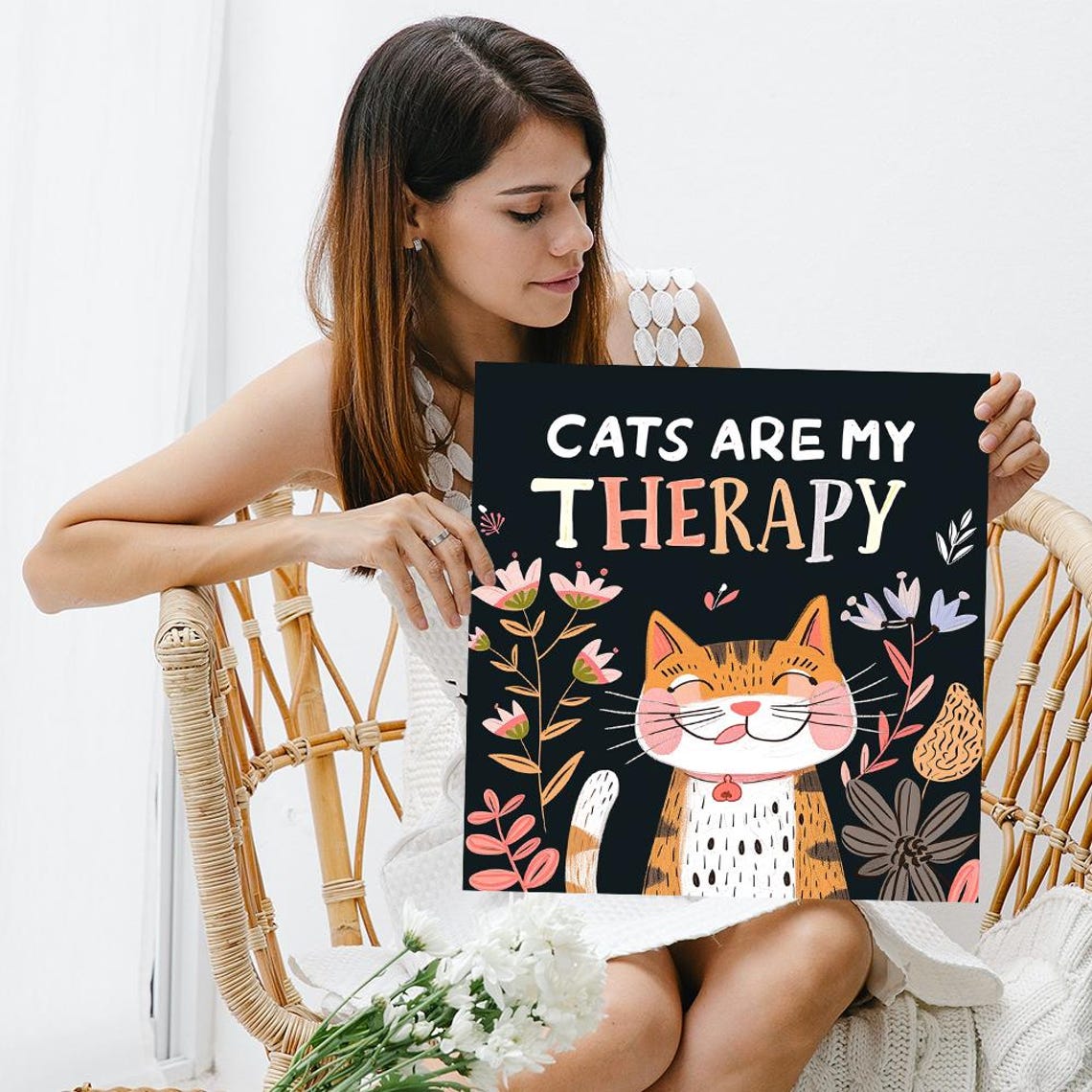 Cats Are My Therapy Quote Poster Smiling Tabby Cat Floral Black Print - Image 3