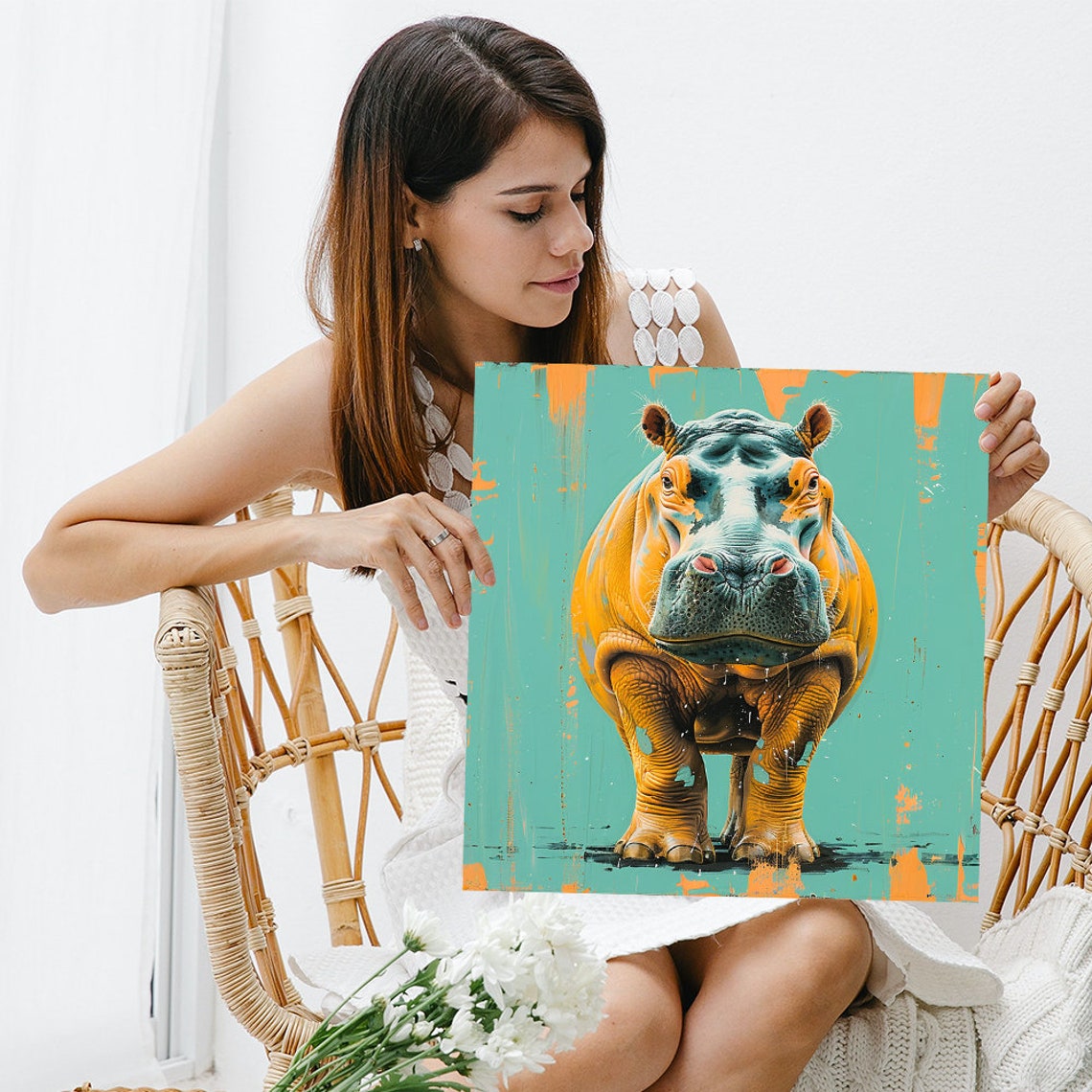 Orange Hippo Pop Art Bold Teal Splash Modern Animal Wall Poster - Image 3