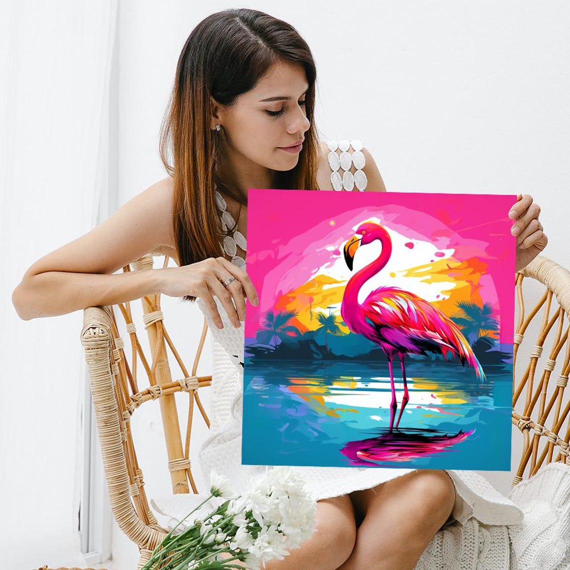 Pink Flamingo Sunset Palm Trees Vibrant Tropical Lagoon Art Poster - Image 3