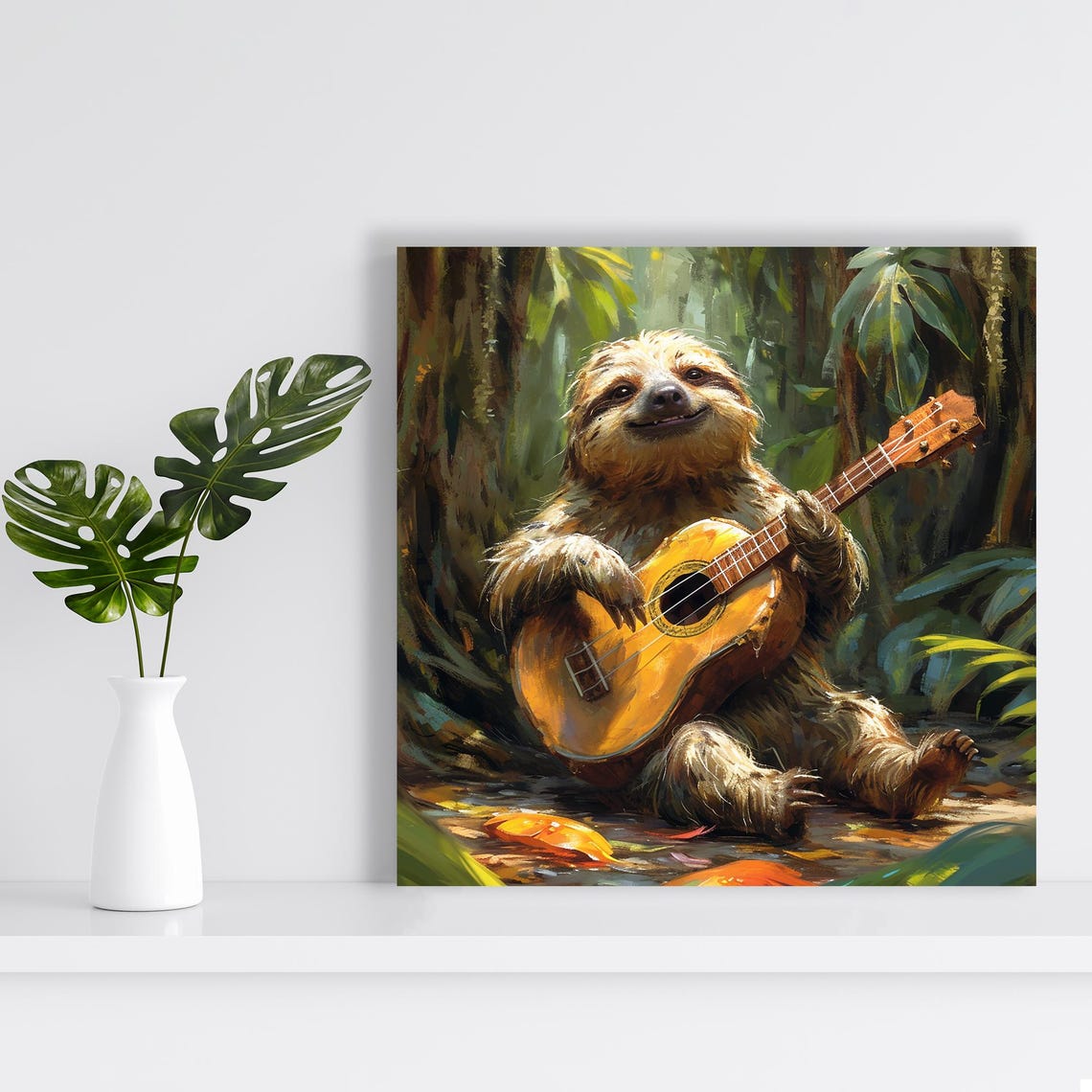 Sloth Playing Ukulele in Jungle Painterly Happy Tropical Animal Poster - Image 2