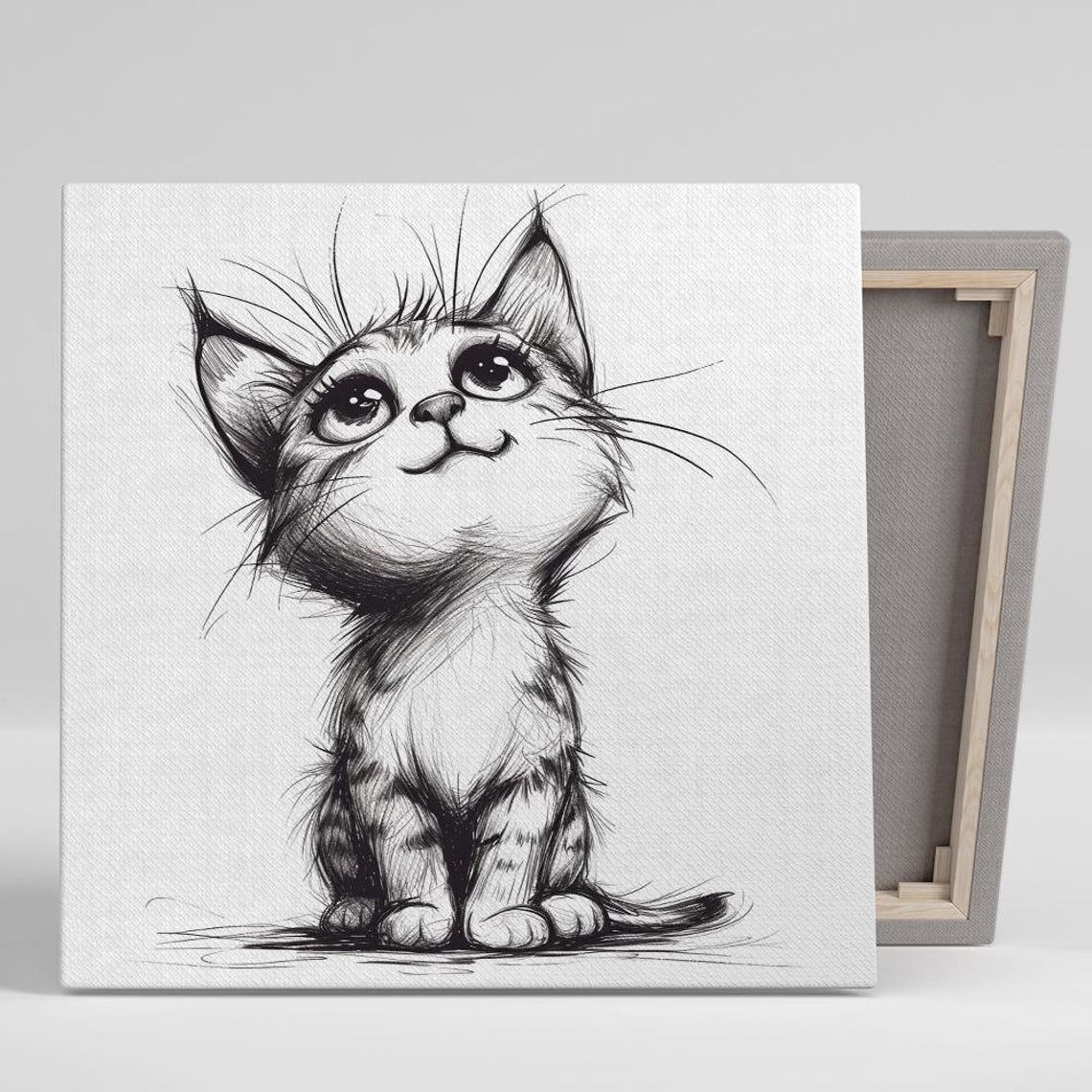 Cute Kitten Pencil Sketch Black Ink Minimalist Drawing Wall Poster