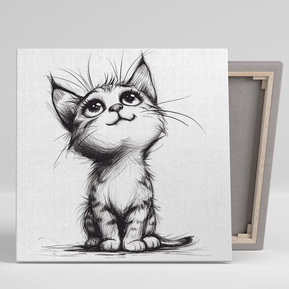 Cute Kitten Pencil Sketch Black Ink Minimalist Drawing Wall Poster
