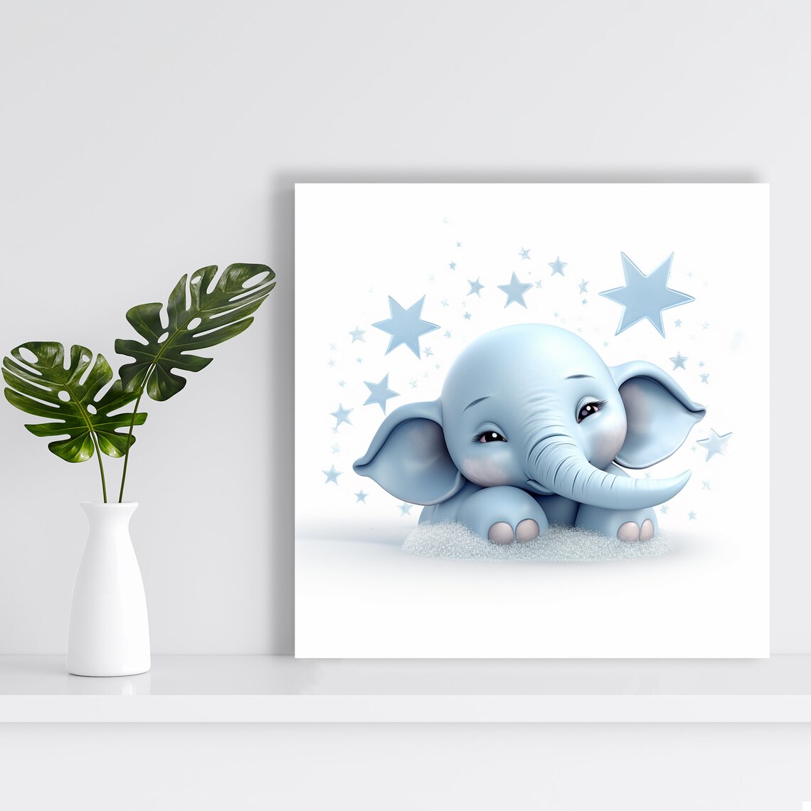 Baby Blue Elephant with Stars Sweet Nursery Watercolor Wall Art - Image 2