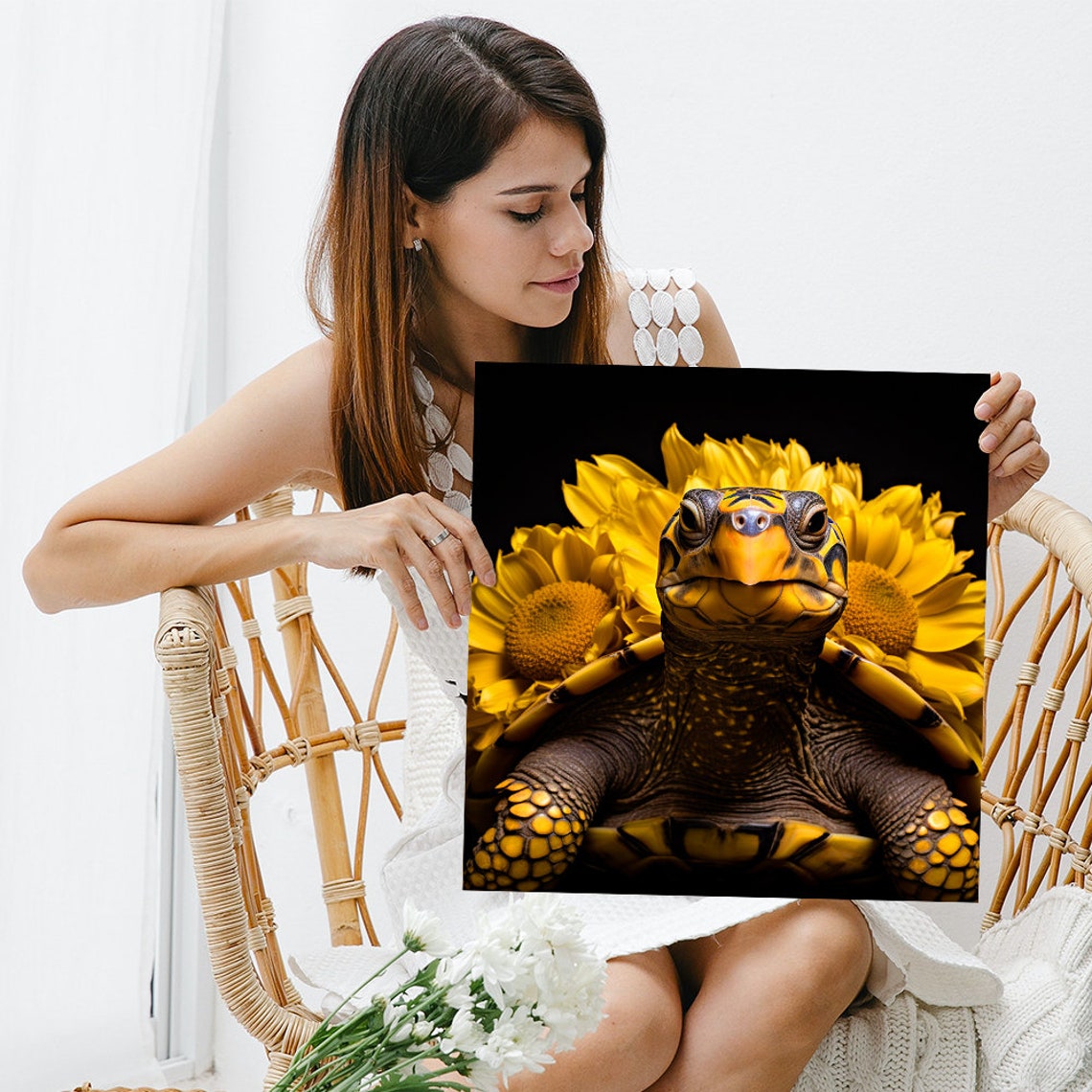Tortoise Portrait With Sunflowers on Black Background Poster - Image 3