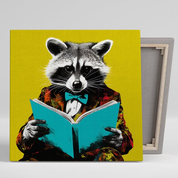 Dapper Raccoon Reading a Book in Suit Pop Art Yellow Wall Poster