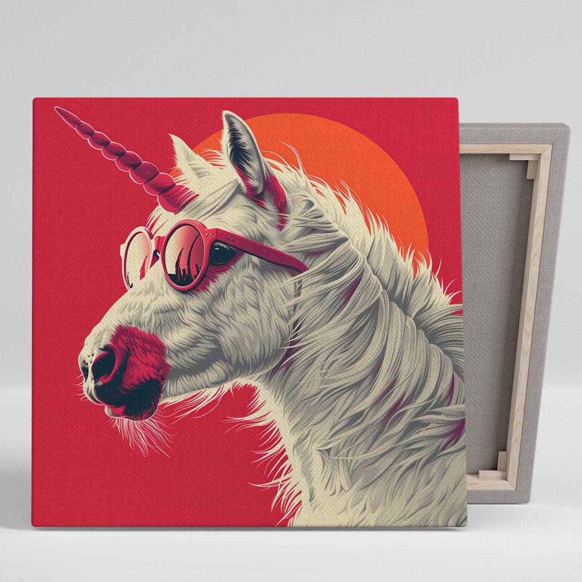 Unicorn Wearing Red Sunglasses Glowing Retro Sun Red Pop Art Poster