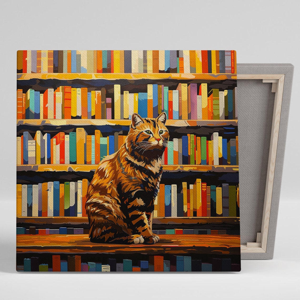 Tabby Cat Sitting on Library Bookshelf Book Lover Wall Poster