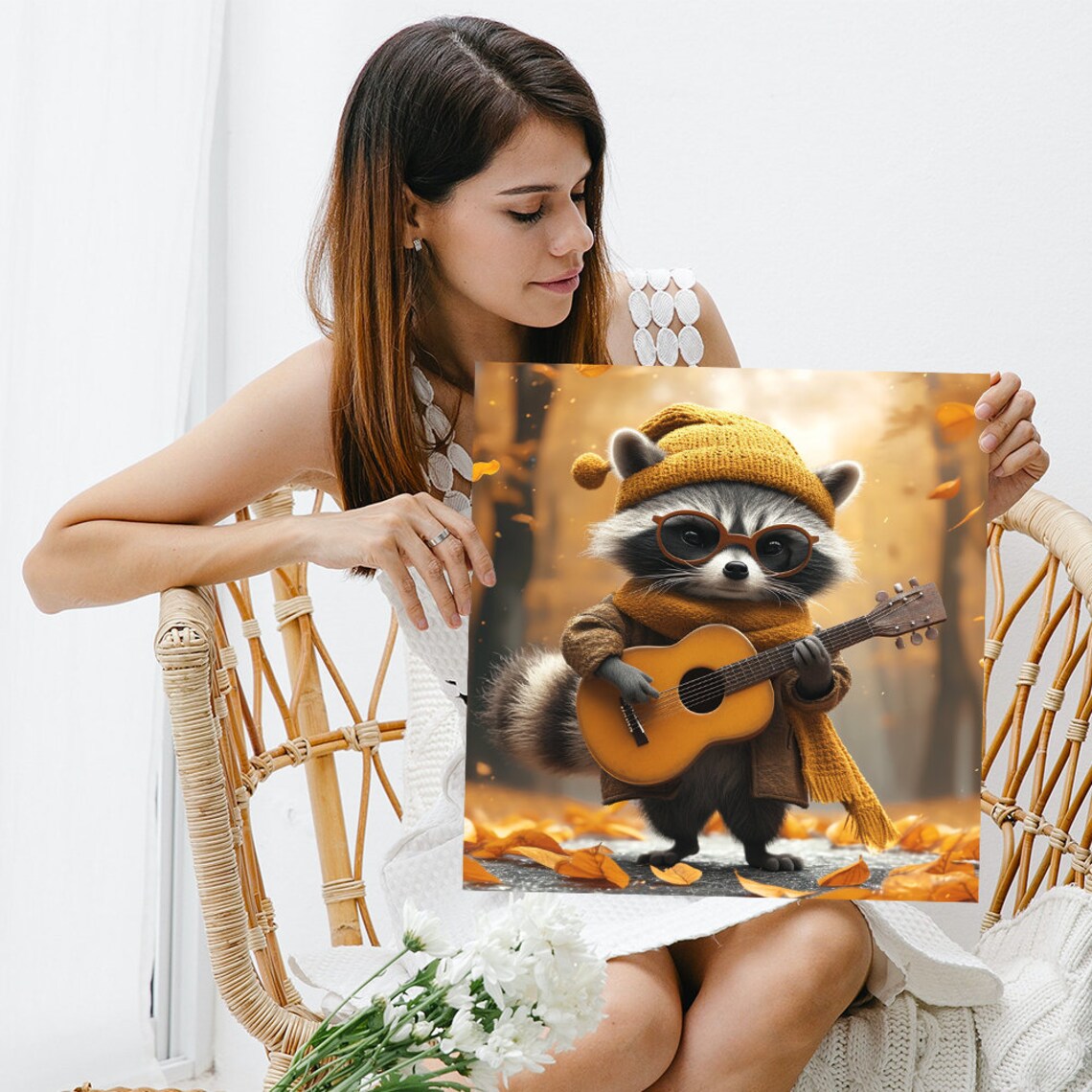 Guitar Raccoon Yellow Knit Hat Autumn Leaves Cute Musician Wall Art - Image 3