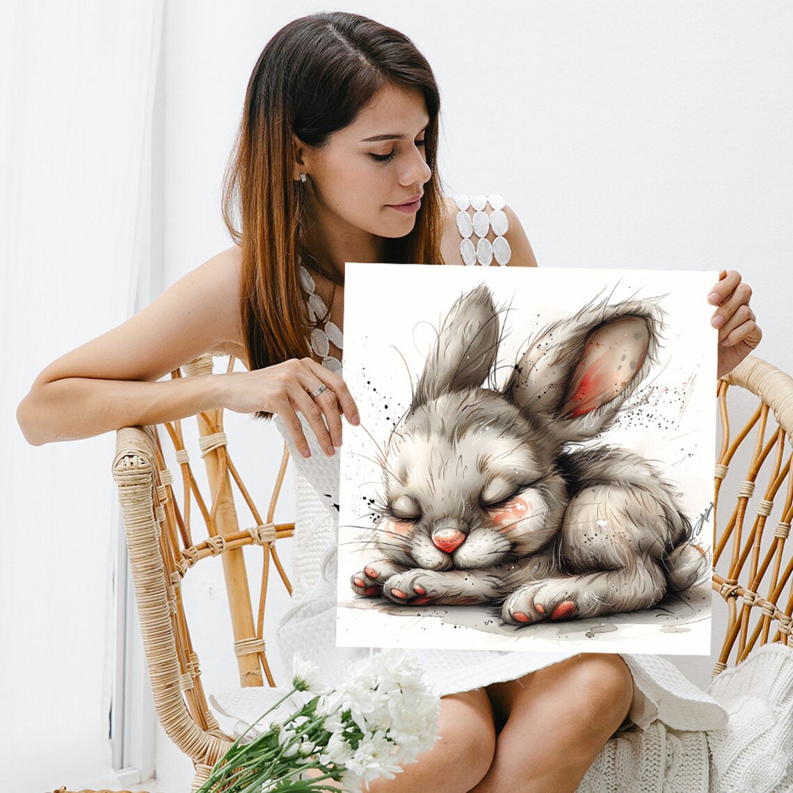 Sleepy Bunny Bliss Curled Up Napping Grey Watercolor Nursery Wall Poster - Image 3