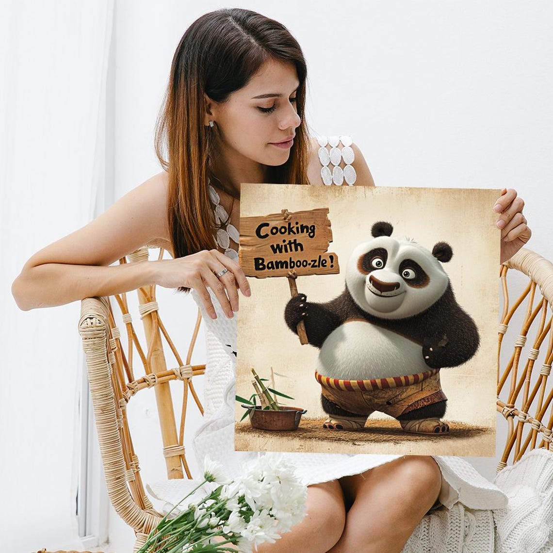 Panda Chef Cooking With Bamboo-zle Sign Rustic Kitchen Wall Art Print - Image 3