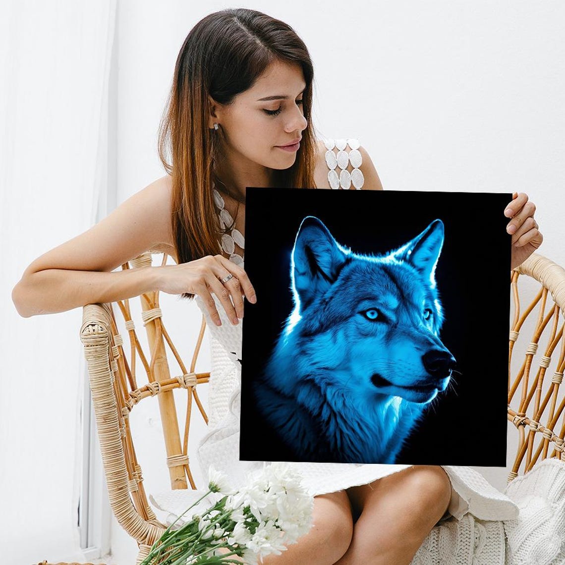 Blue Wolf Portrait Glowing On Black Background Moody Nature Art Print - Image 3