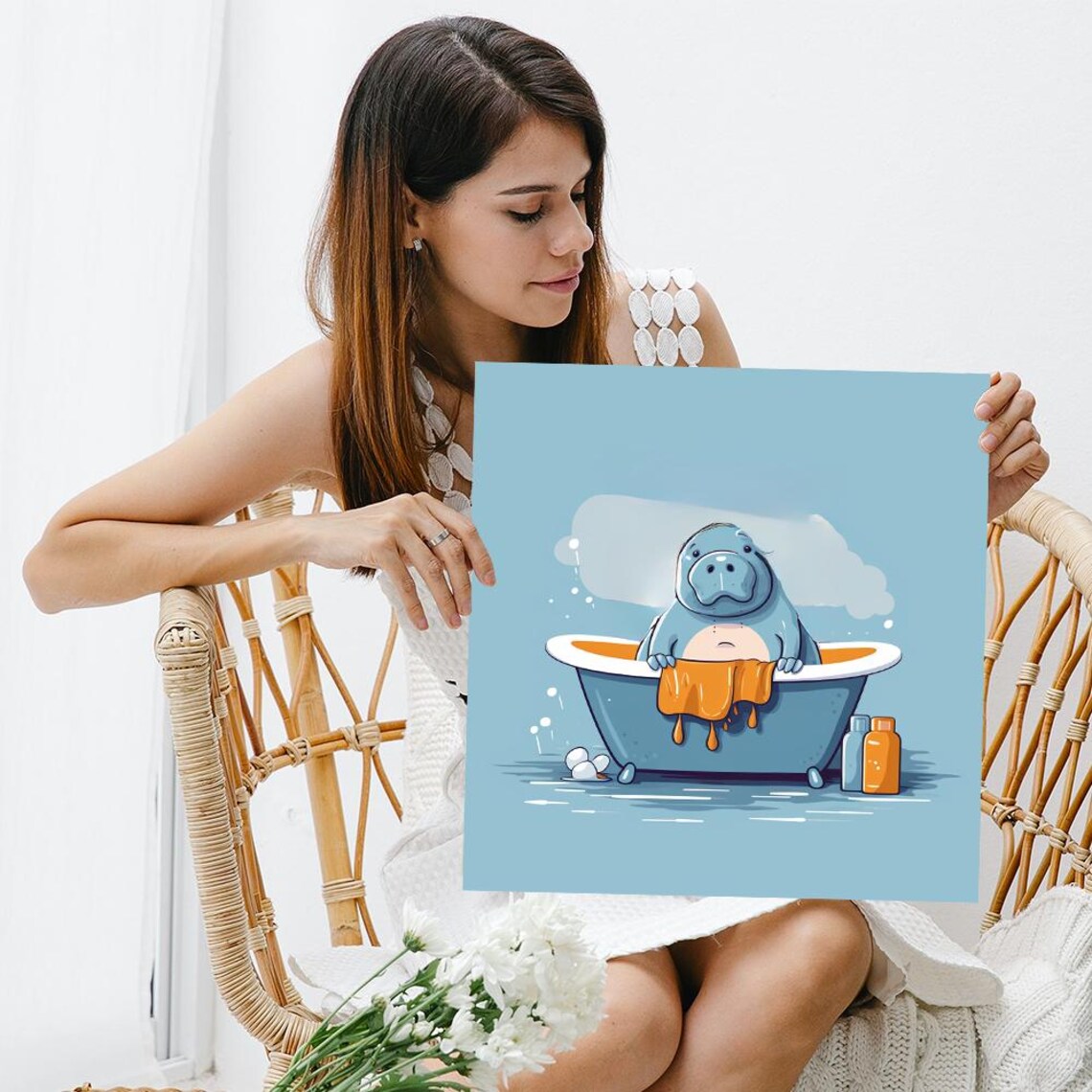 Cute Cartoon Hippo Bathtub Soap Bubbles Whimsical Blue Bathroom Wall Art Poster - Image 3