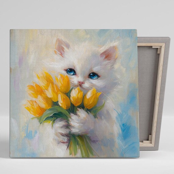 Tulip Loving Kitten Art Print, Whimsical Decor
