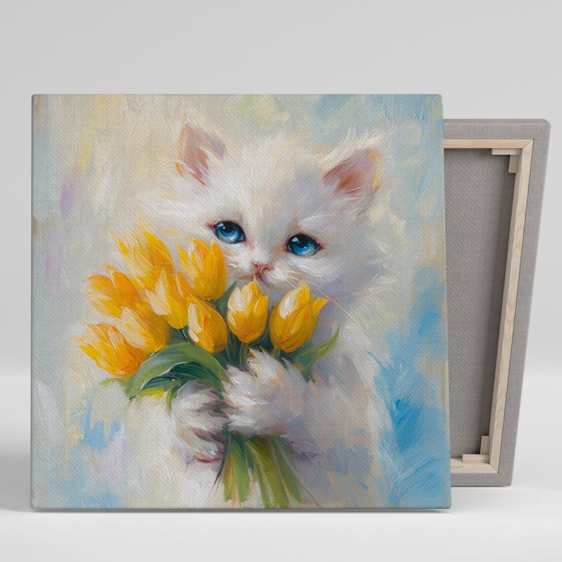 Tulip Loving Kitten Art Print, Whimsical Decor
