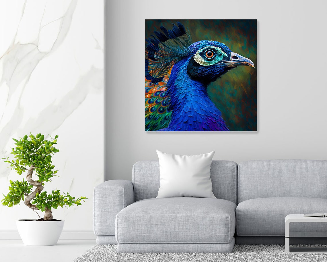 Vivid Blue Peacock Head Close Up Colorful Painterly Bird Art Poster - Image 4